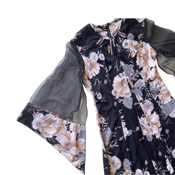 Vintage 70s Floral Retro Hippie Maxi Dress with Sheer Butterfly Flared Sleeves - Picture 2 of 5
